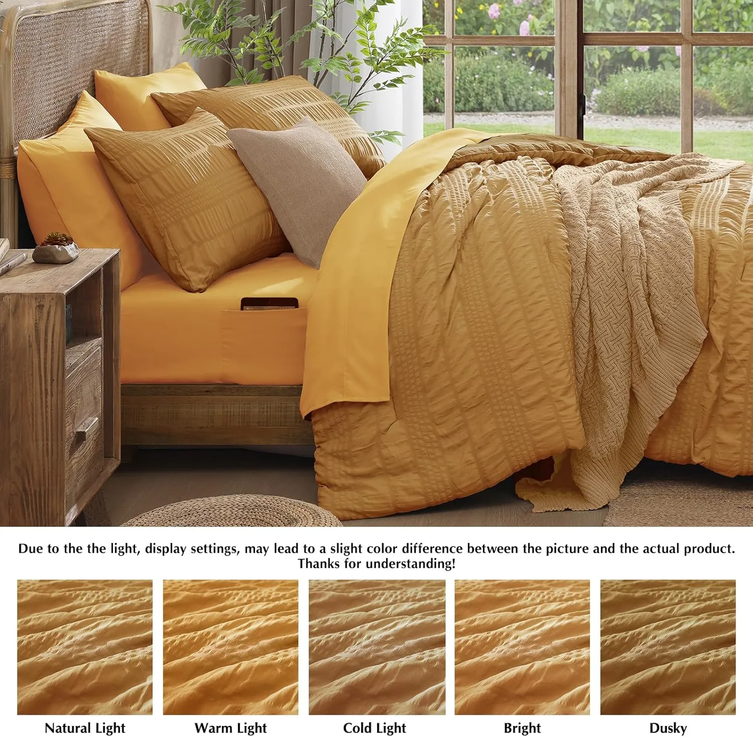 CASAAGUSTO Queen Comforter Set, 7 Pieces Mustard Yellow Seersucker Bed in a Bag Queen Size Soft All Seasons, Bedding Sets with Comforter, Flat Sheet, Fitted Sheet, 2 Pillow Shams, 2 Pillowcases