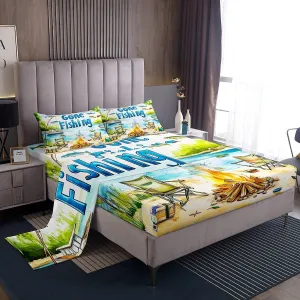 Castle Fairy Lakeside Fishing Bed Sheet Set,Outdoor Camping Adventure Fitted Sheet Set Queen 4 Pcs,Kids Boys Coastal Boat Bed Sheet Set with Deep Pocket Fitted Sheet   Flat Sheet   2 Pillowcases