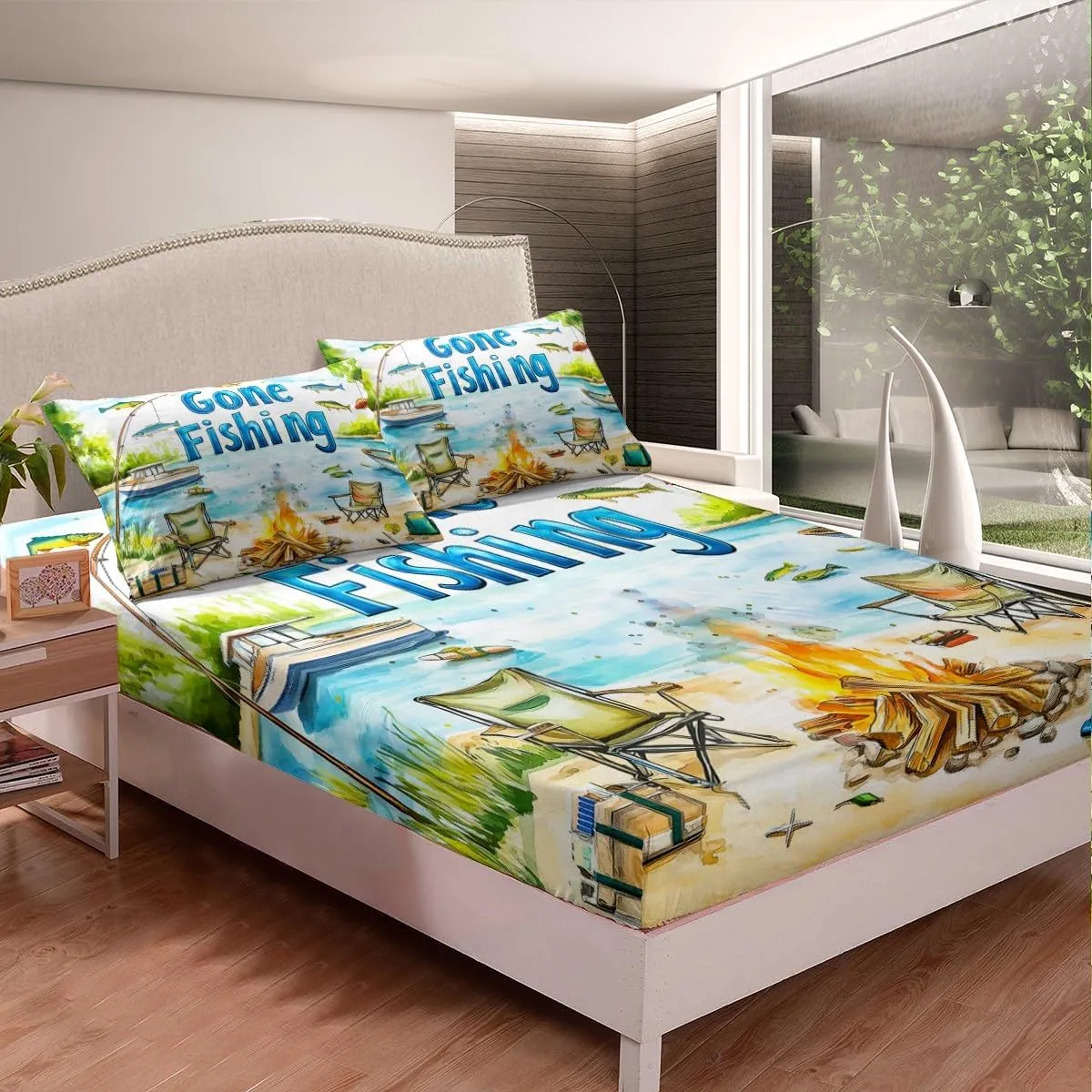 Castle Fairy Lakeside Fishing Bed Sheet Set,Outdoor Camping Adventure Fitted Sheet Set Queen 4 Pcs,Kids Boys Coastal Boat Bed Sheet Set with Deep Pocket Fitted Sheet   Flat Sheet   2 Pillowcases