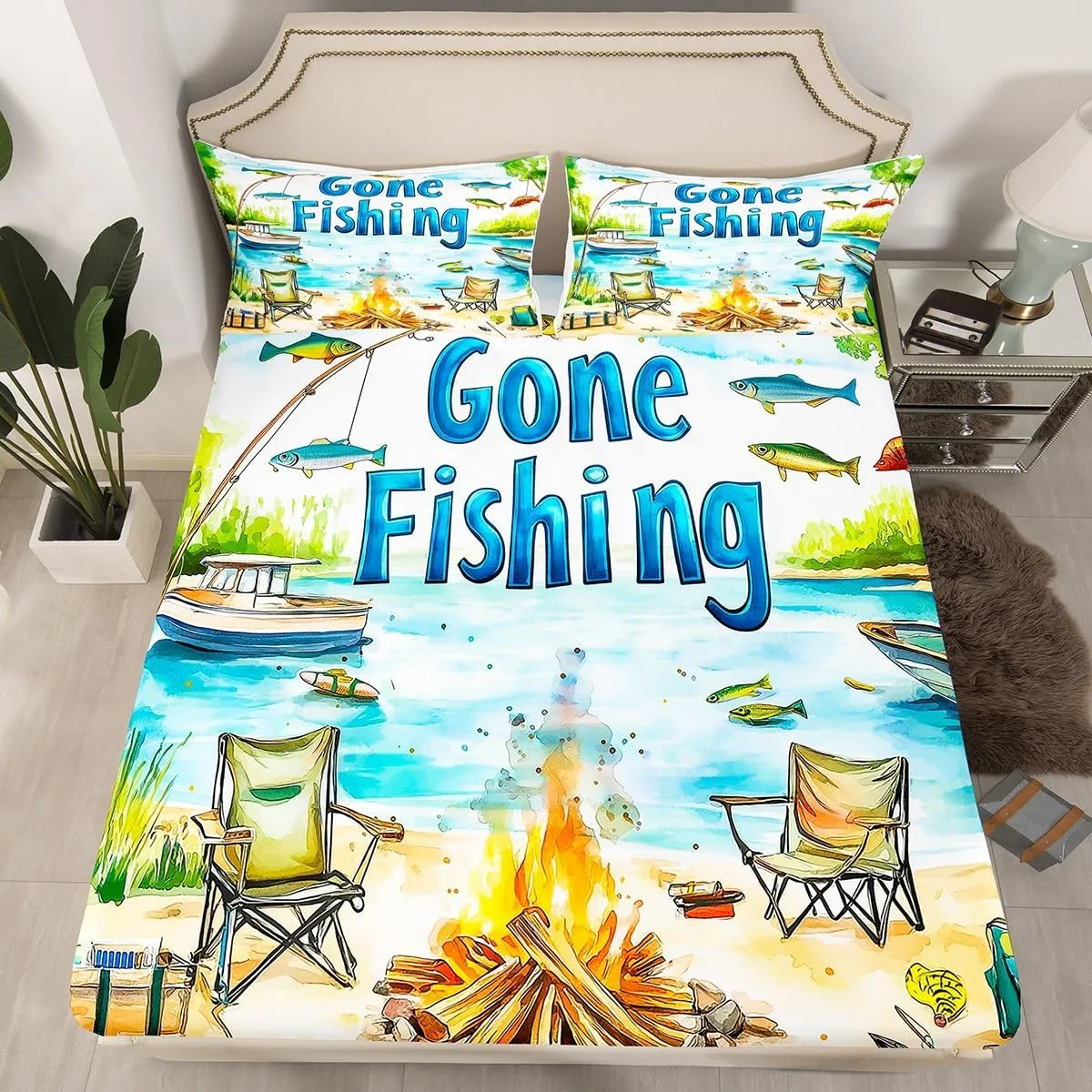 Castle Fairy Lakeside Fishing Bed Sheet Set,Outdoor Camping Adventure Fitted Sheet Set Queen 4 Pcs,Kids Boys Coastal Boat Bed Sheet Set with Deep Pocket Fitted Sheet   Flat Sheet   2 Pillowcases