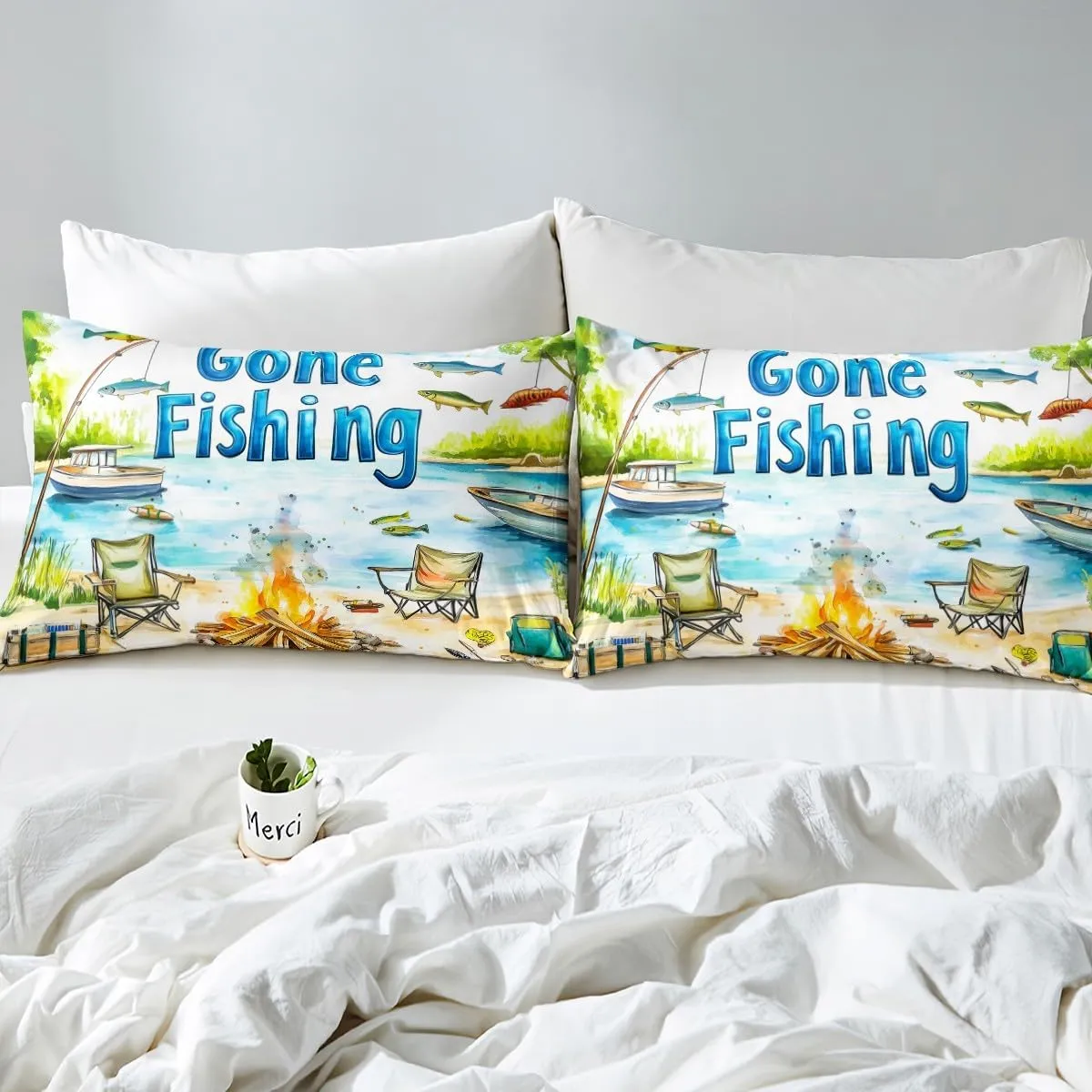 Castle Fairy Lakeside Fishing Bed Sheet Set,Outdoor Camping Adventure Fitted Sheet Set Queen 4 Pcs,Kids Boys Coastal Boat Bed Sheet Set with Deep Pocket Fitted Sheet   Flat Sheet   2 Pillowcases