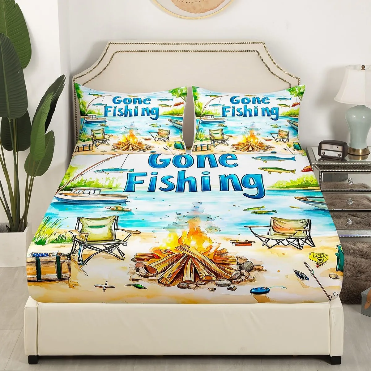 Castle Fairy Lakeside Fishing Bed Sheet Set,Outdoor Camping Adventure Fitted Sheet Set Queen 4 Pcs,Kids Boys Coastal Boat Bed Sheet Set with Deep Pocket Fitted Sheet   Flat Sheet   2 Pillowcases