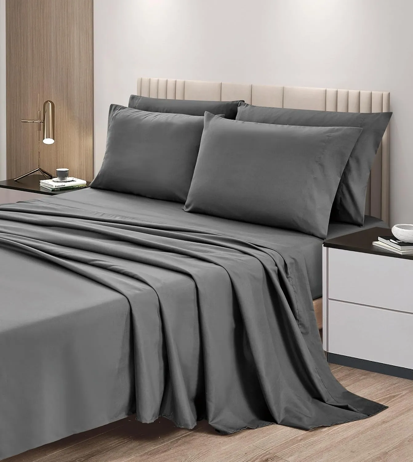 Chezmoi Collection 6-Piece Gray Sheet Set King - Extra Soft Breathable Brushed Microfiber Bed Sheets with 15" Deep Pocket & 4 Pillowcases