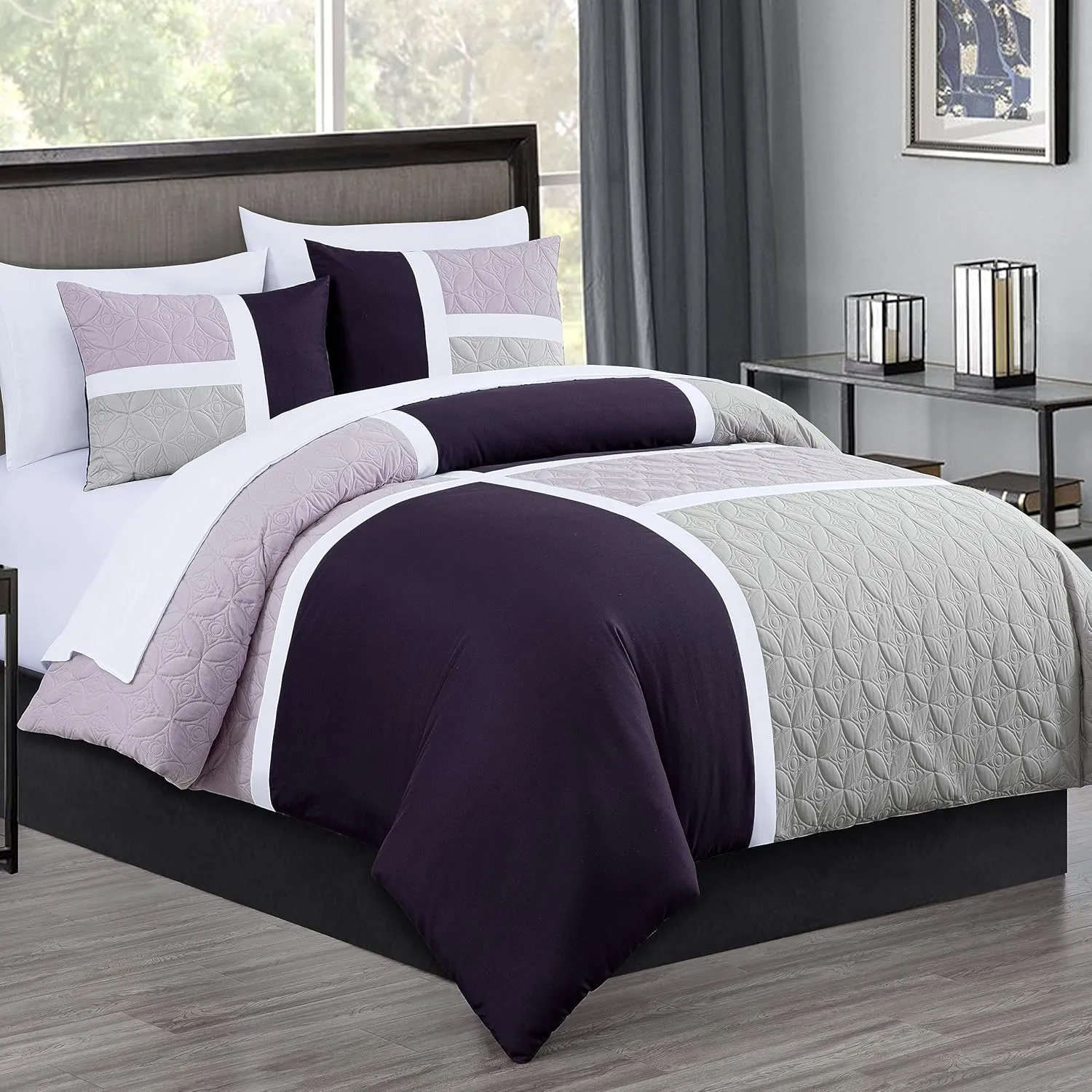 Chezmoi Collection Bernard 7-Piece California King Bed in a Bag Comforter Set with Sheets - Lightweight Comforter Lavender Purple Gray Patchwork Quilted Medallion Bedding Set for All Season