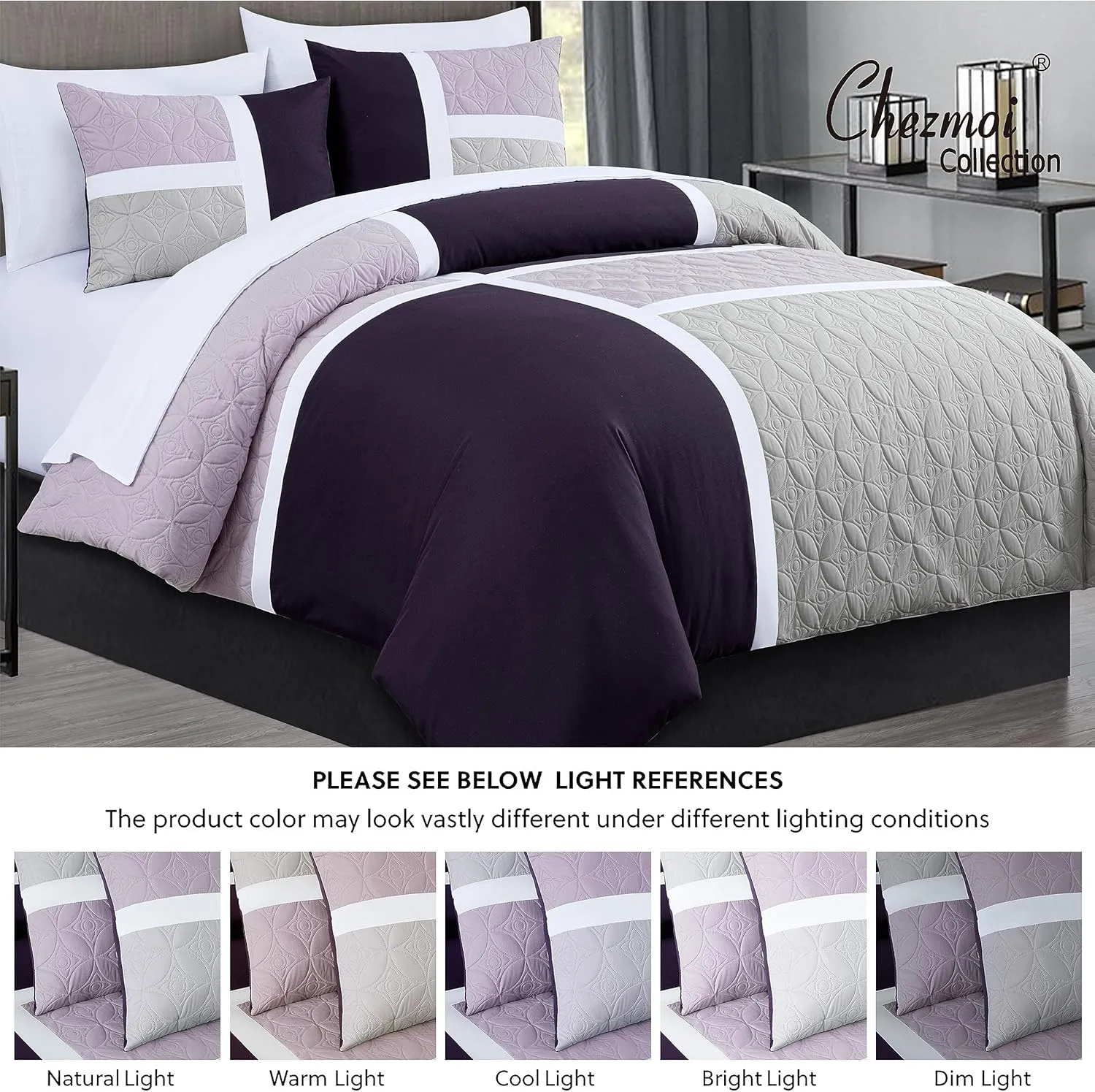 Chezmoi Collection Bernard 7-Piece California King Bed in a Bag Comforter Set with Sheets - Lightweight Comforter Lavender Purple Gray Patchwork Quilted Medallion Bedding Set for All Season