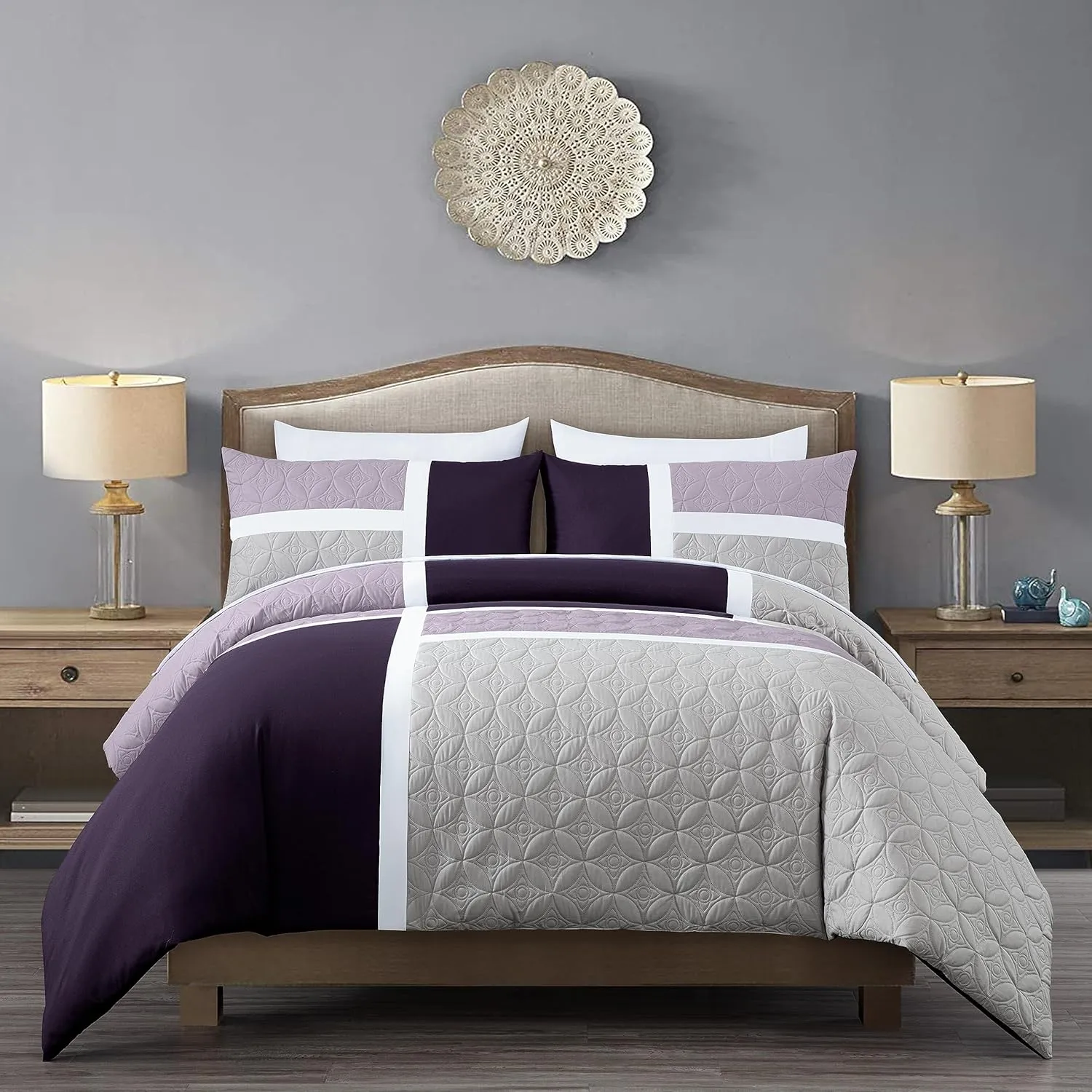 Chezmoi Collection Bernard 7-Piece California King Bed in a Bag Comforter Set with Sheets - Lightweight Comforter Lavender Purple Gray Patchwork Quilted Medallion Bedding Set for All Season