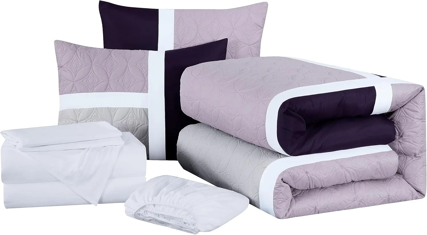 Chezmoi Collection Bernard 7-Piece California King Bed in a Bag Comforter Set with Sheets - Lightweight Comforter Lavender Purple Gray Patchwork Quilted Medallion Bedding Set for All Season