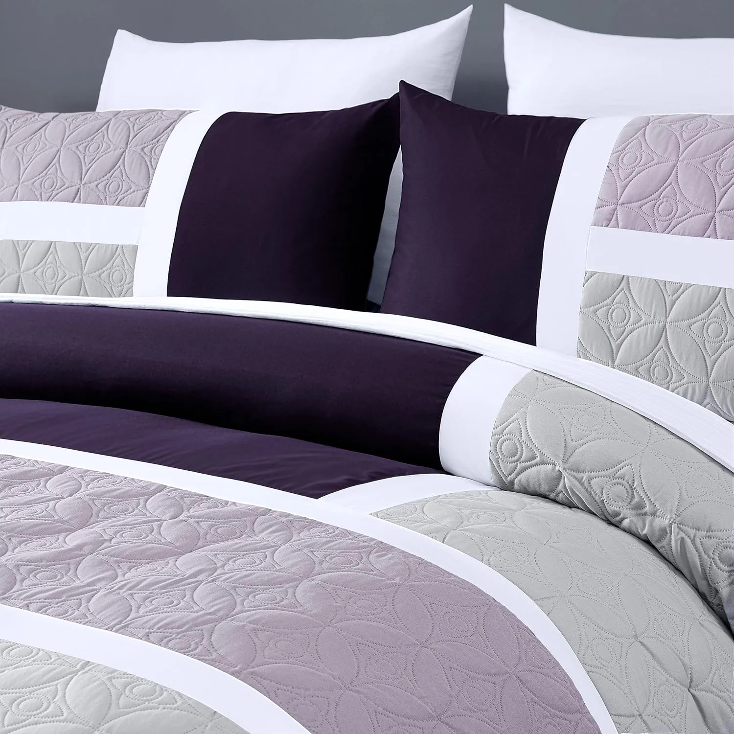 Chezmoi Collection Bernard 7-Piece California King Bed in a Bag Comforter Set with Sheets - Lightweight Comforter Lavender Purple Gray Patchwork Quilted Medallion Bedding Set for All Season