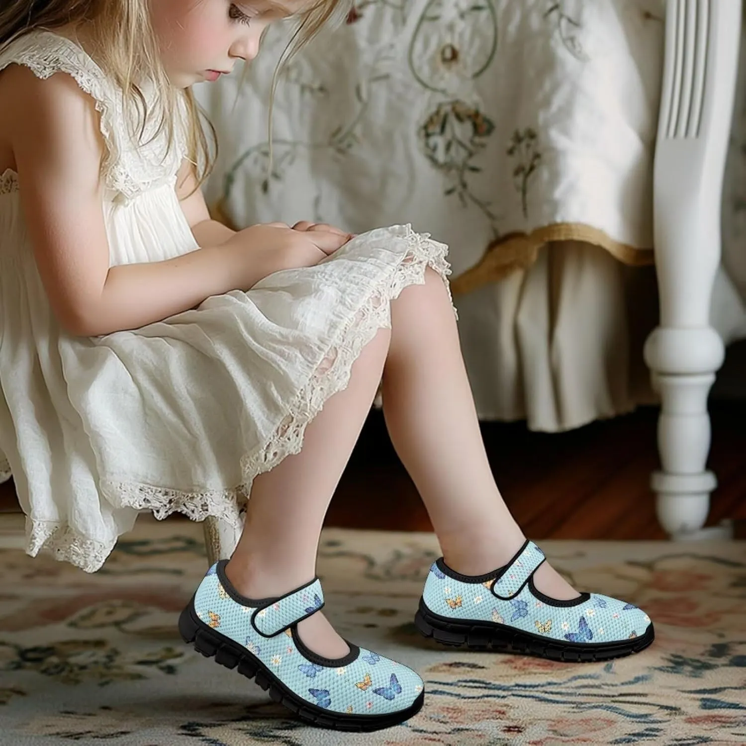 Children's Cartoon Single Buckle Sneaker,Girls Comfort Breathable Mesh Casual Shoes,Low-top Flat Shoes,Black Sole
