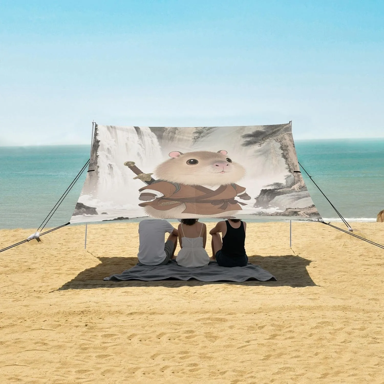 Chinese Style Capybara Swordsman Beach Camping Tent Sun Shelter for Whole Family, Beach Shade Canopy with UPF50  UV Protection,Easy Set Up and Carry,Outdoor Shade for Trips, Fishing, Backyard F