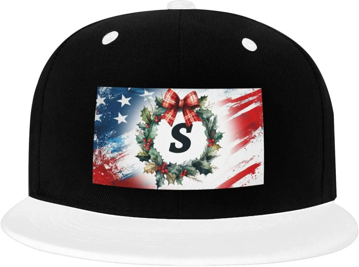 Christmas Winter Monogram Letter S Color-Block Flat Brim Snapback Cap for Men & Women, Adjustable Hip-Hop Hat White