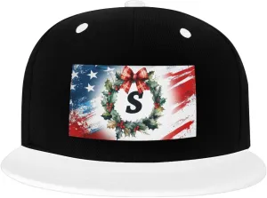 Christmas Winter Monogram Letter S Color-Block Flat Brim Snapback Cap for Men & Women, Adjustable Hip-Hop Hat White