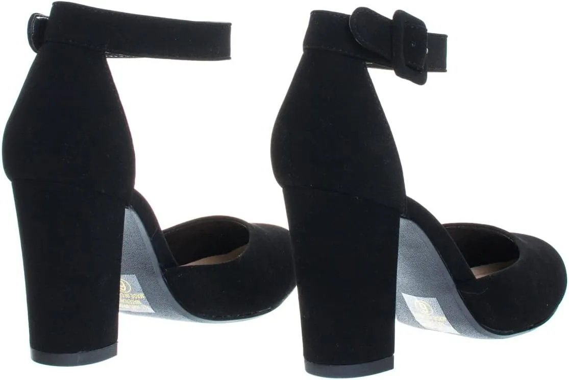 CITYCLASSIFIED “Kelly” ~ Women Comfort Foam Closed Toe Closed Back Counter High Block Heel Pump with Adjustable Ankle Strap