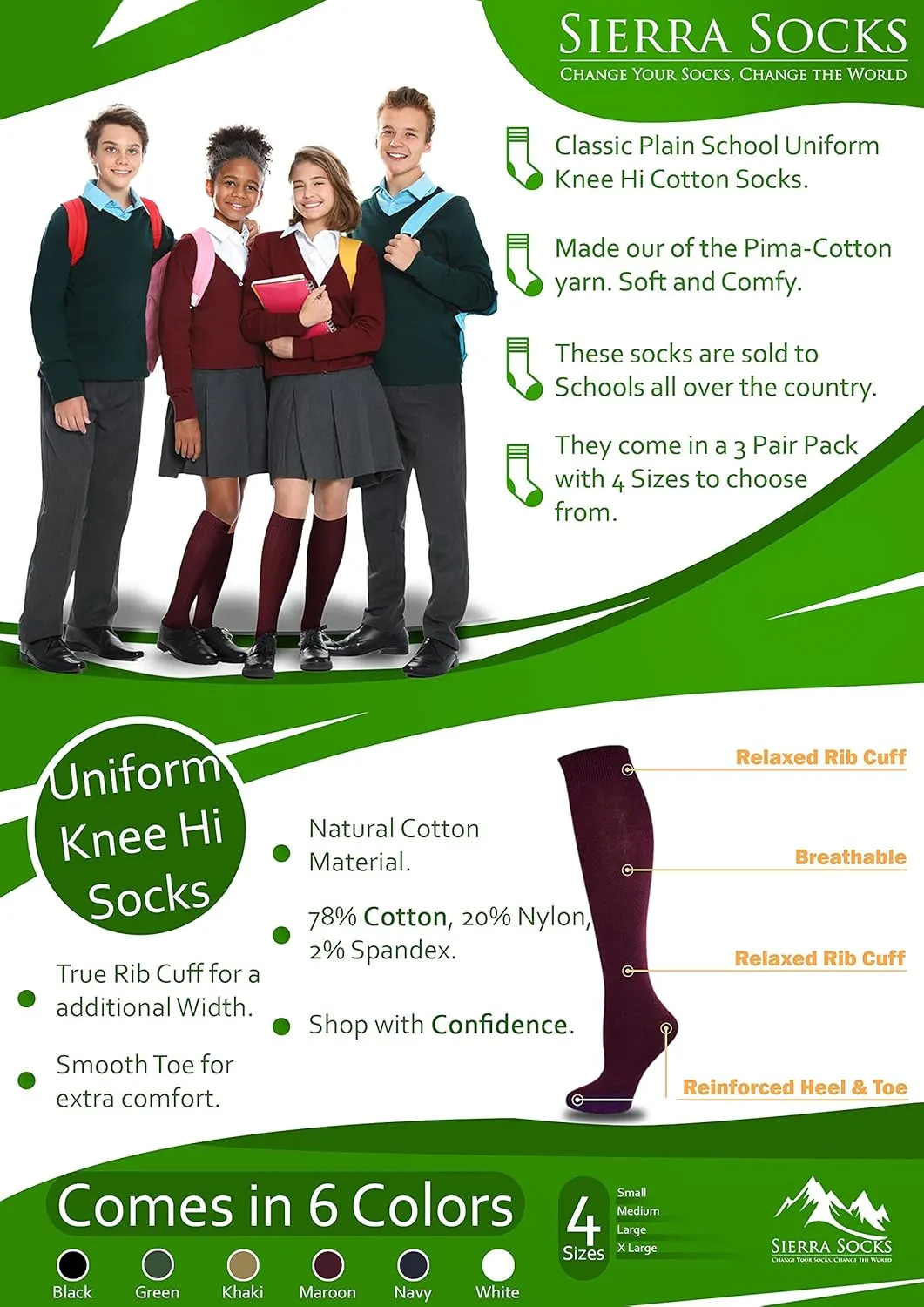 Classic Girls Flat Knit Combed Cotton Knee High Socks | Non-Binding Cute Long Socks 3 Pack