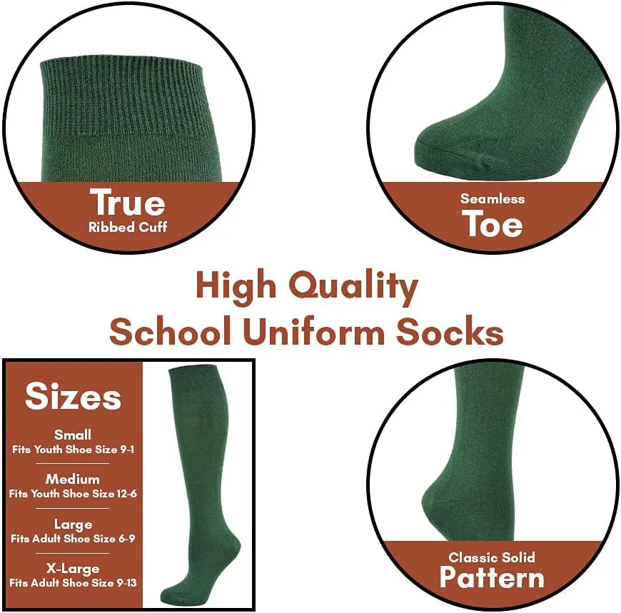 Classic Girls Flat Knit Combed Cotton Knee High Socks | Non-Binding Cute Long Socks 3 Pack