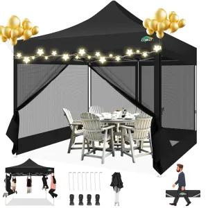 COBIZI 10x10 Canopy Tent with 4 Sidewalls,Heavy Duty Pop up Canopy with Mosquito Netting,Easy up Screen Tent for Parties Wedding Outdoor Camping with Handbag,Black