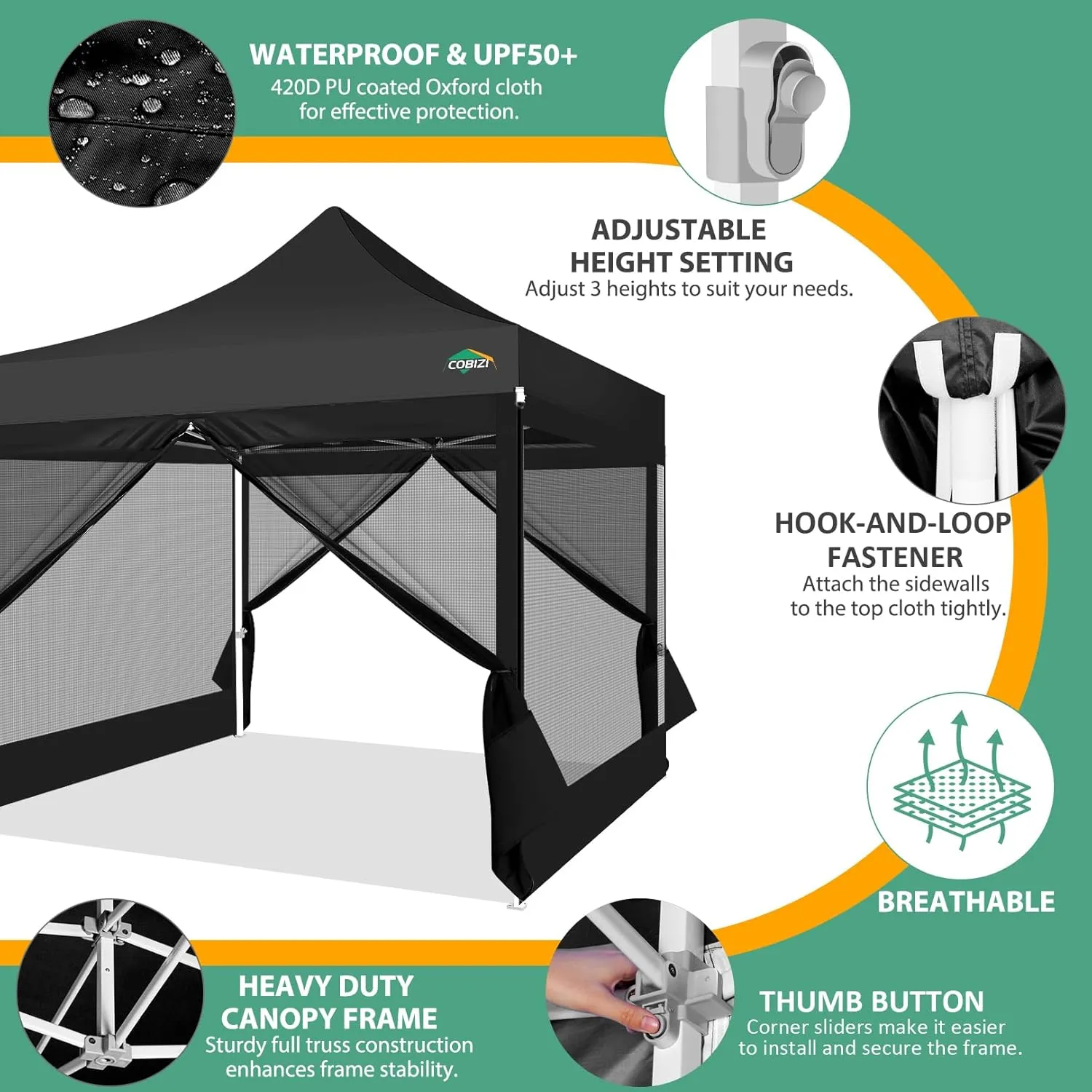 COBIZI 10x10 Canopy Tent with 4 Sidewalls,Heavy Duty Pop up Canopy with Mosquito Netting,Easy up Screen Tent for Parties Wedding Outdoor Camping with Handbag,Black