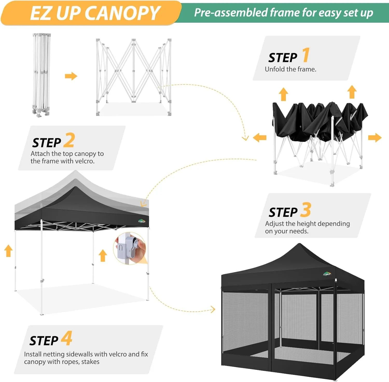 COBIZI 10x10 Canopy Tent with 4 Sidewalls,Heavy Duty Pop up Canopy with Mosquito Netting,Easy up Screen Tent for Parties Wedding Outdoor Camping with Handbag,Black