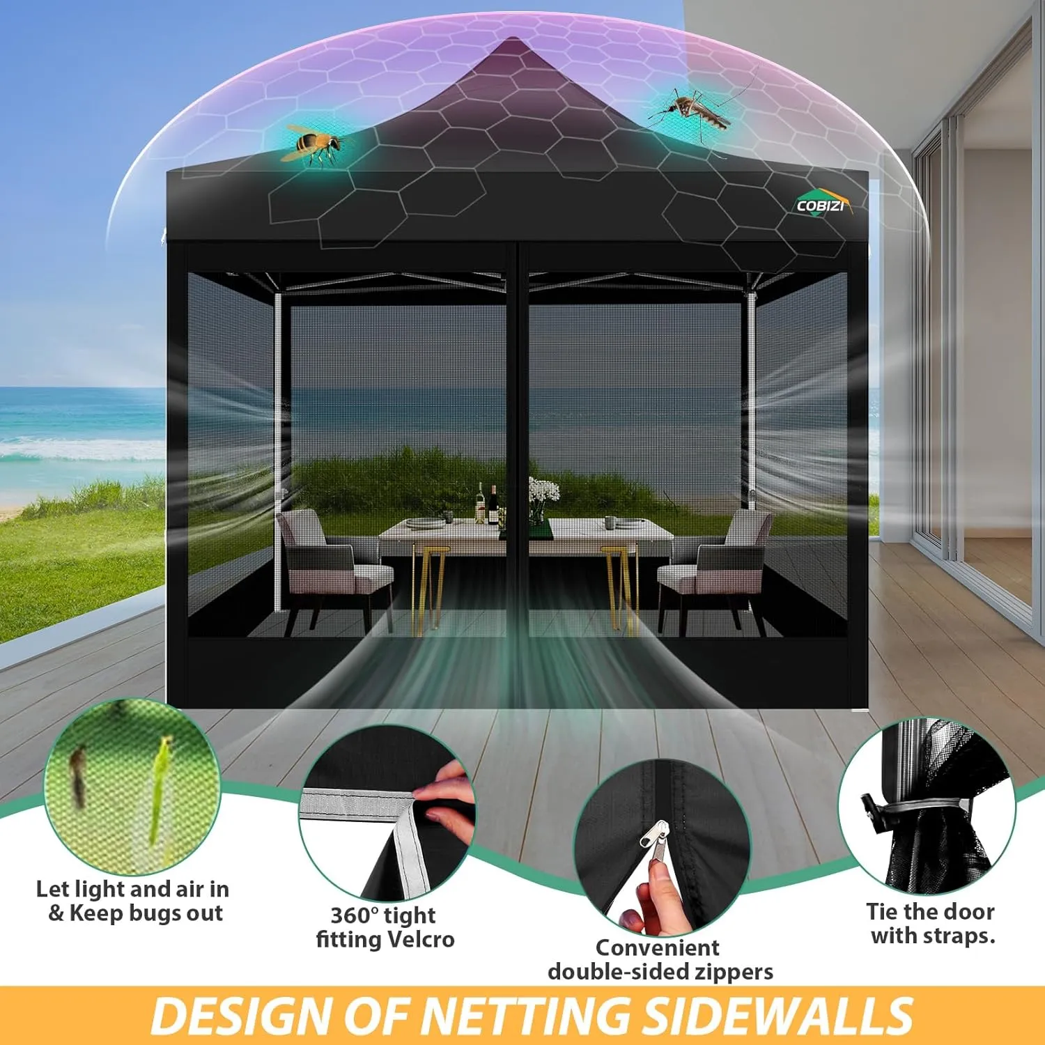 COBIZI 10x10 Canopy Tent with 4 Sidewalls,Heavy Duty Pop up Canopy with Mosquito Netting,Easy up Screen Tent for Parties Wedding Outdoor Camping with Handbag,Black