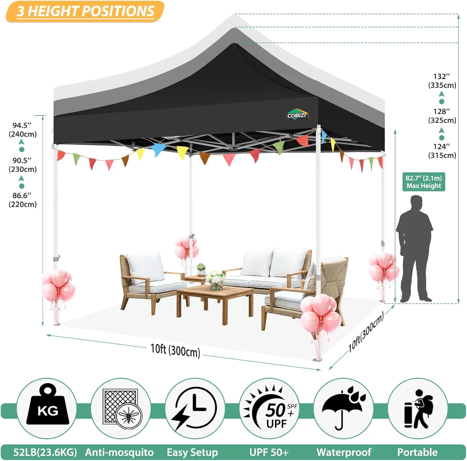COBIZI 10x10 Canopy Tent with 4 Sidewalls,Heavy Duty Pop up Canopy with Mosquito Netting,Easy up Screen Tent for Parties Wedding Outdoor Camping with Handbag,Black