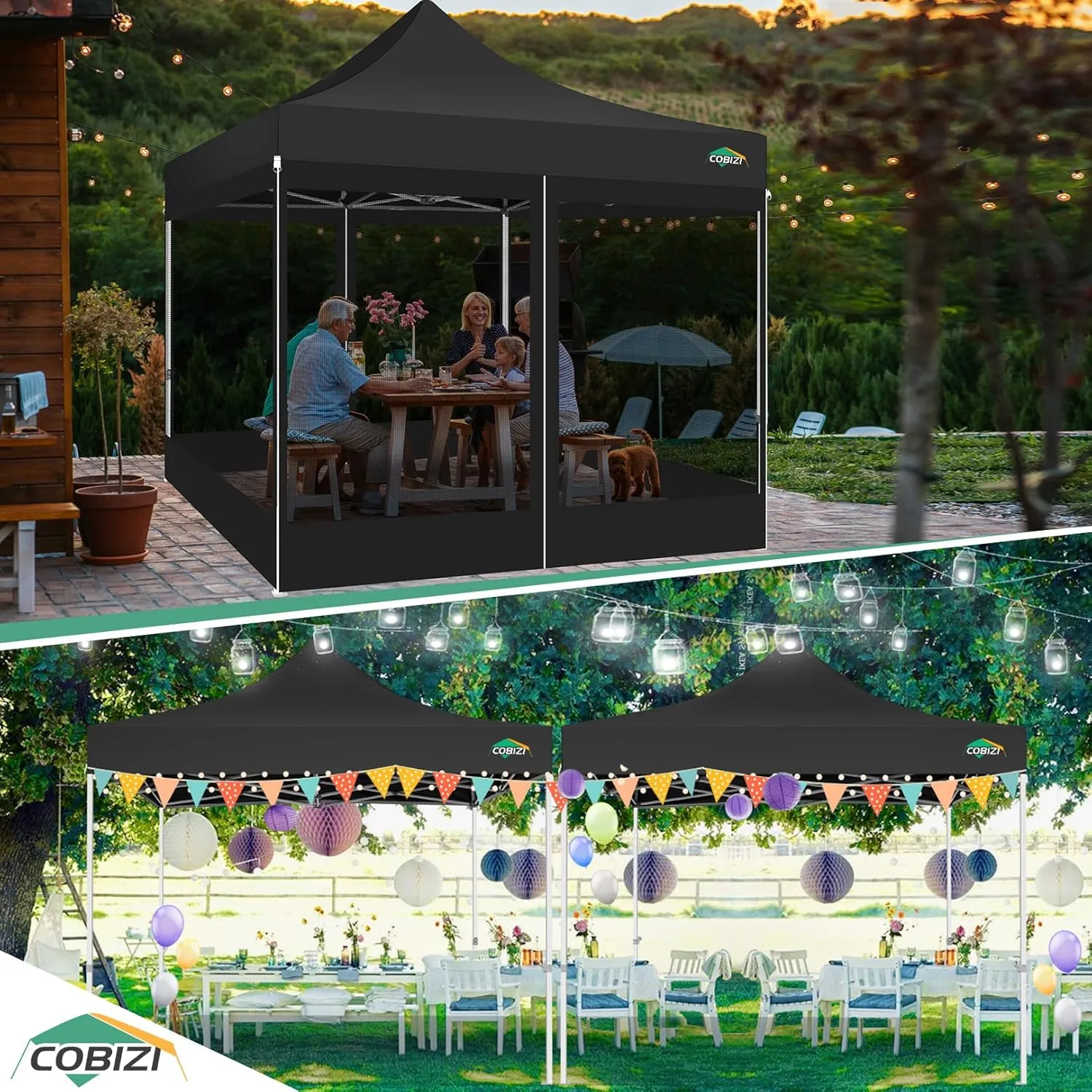 COBIZI 10x10 Canopy Tent with 4 Sidewalls,Heavy Duty Pop up Canopy with Mosquito Netting,Easy up Screen Tent for Parties Wedding Outdoor Camping with Handbag,Black