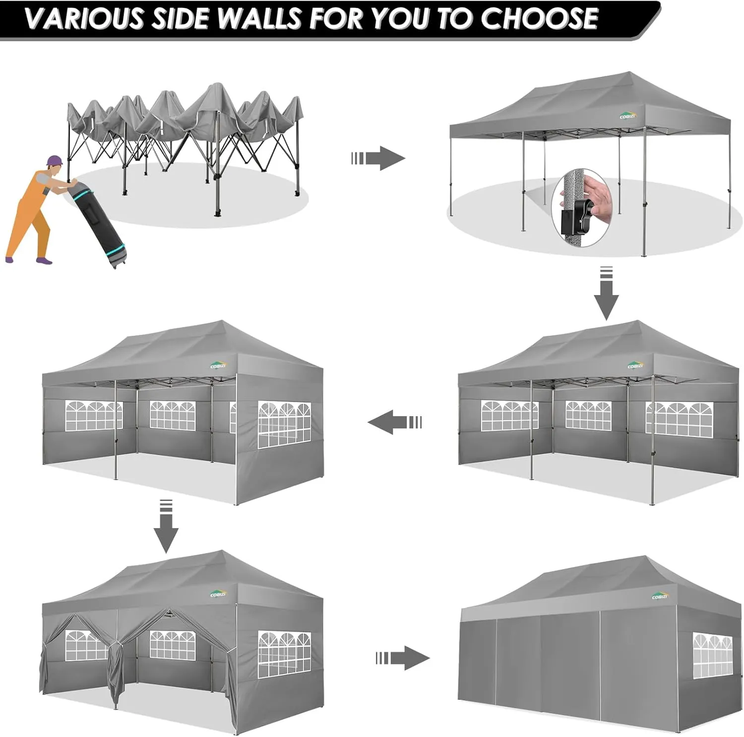 COBIZI 10x20 Heavy Duty Pop up Canopy Tent with 6 sidewalls Easy Up Commercial Outdoor Canopy Wedding Party Tents for Parties All Season Wind & Waterproof Gazebo with Roller Bag,Grey(Frame Thickened)