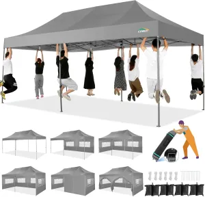 COBIZI 10x20 Heavy Duty Pop up Canopy Tent with 6 sidewalls Easy Up Commercial Outdoor Canopy Wedding Party Tents for Parties All Season Wind & Waterproof Gazebo with Roller Bag,Grey(Frame Thickened)