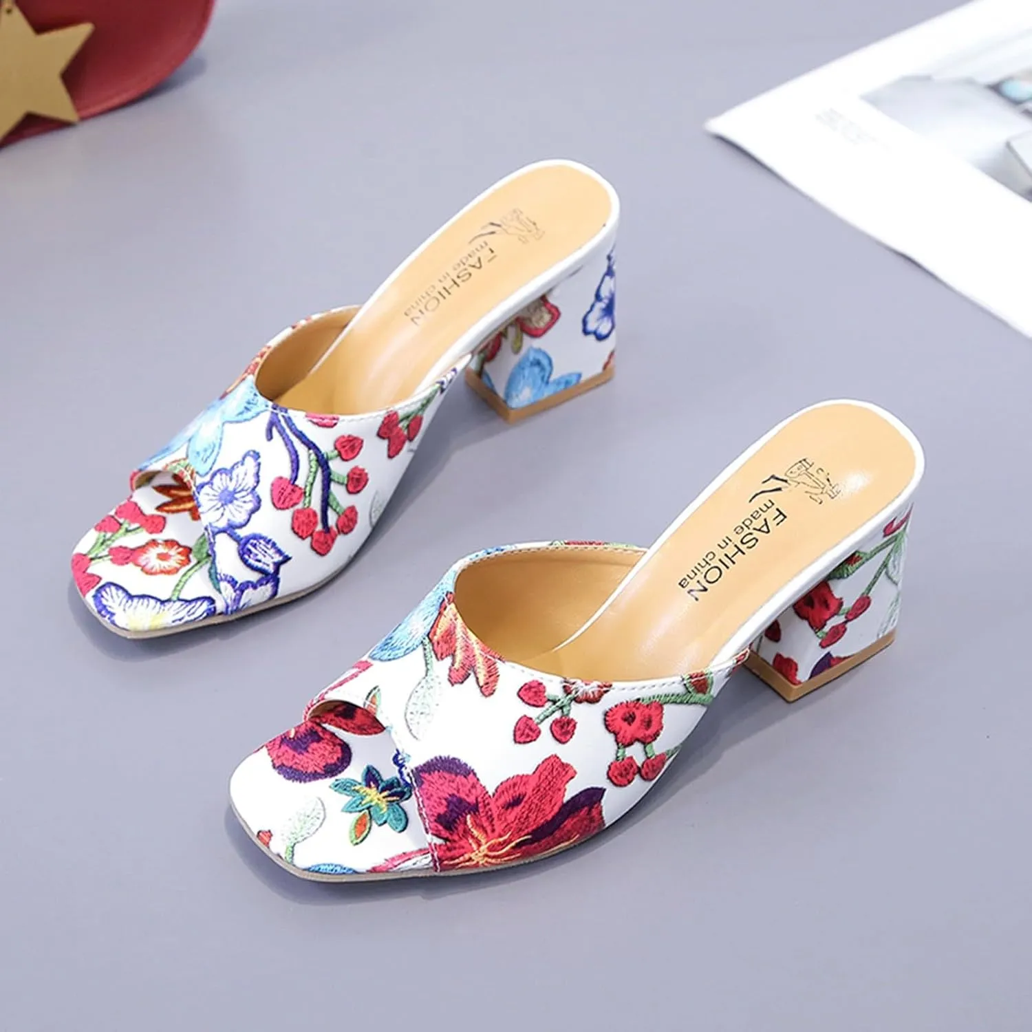 Comfortable Slip On Slide Sandals Women's Summer Fashion Printed Fish Mouth Open Toe High Heels Casual And Comfortable
