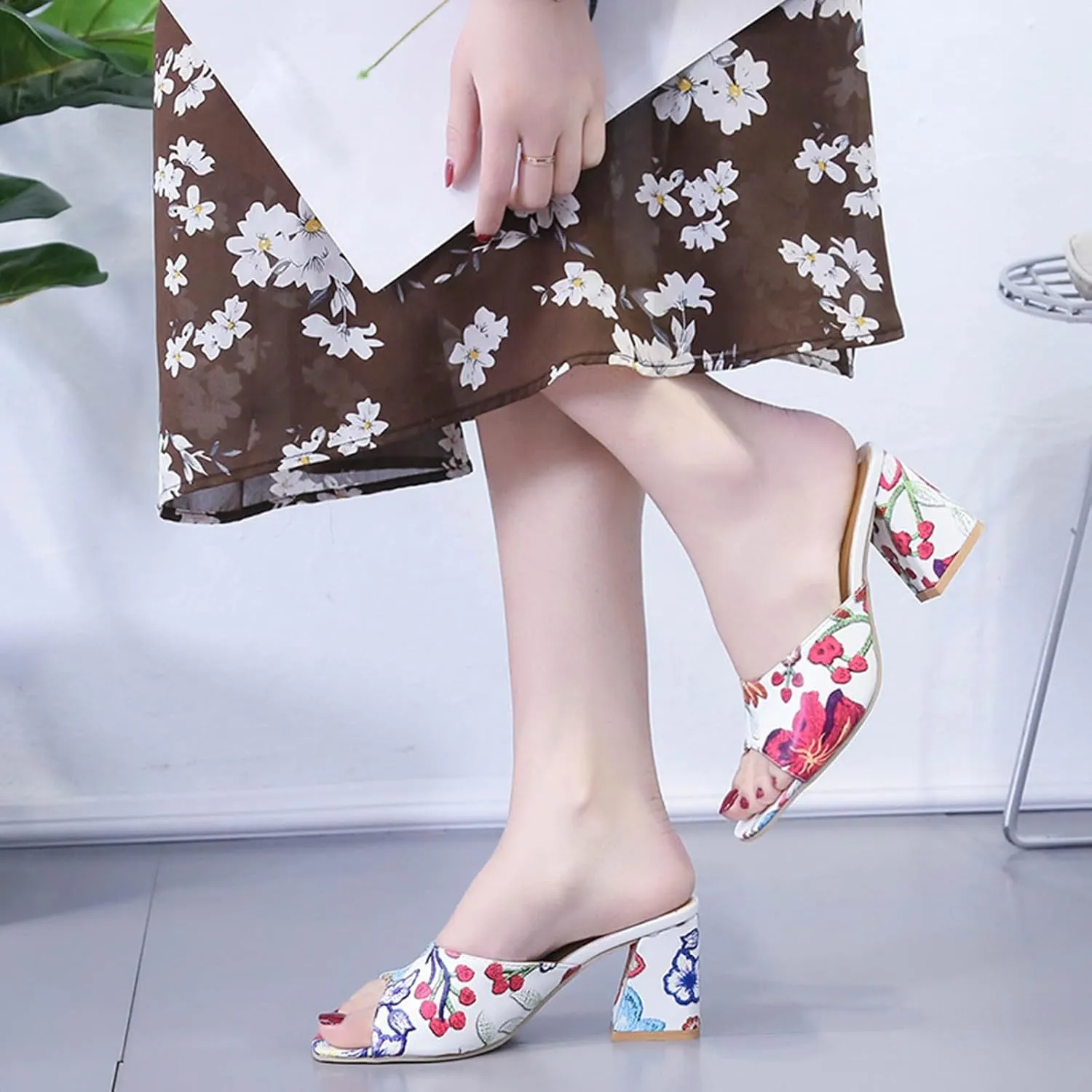 Comfortable Slip On Slide Sandals Women's Summer Fashion Printed Fish Mouth Open Toe High Heels Casual And Comfortable