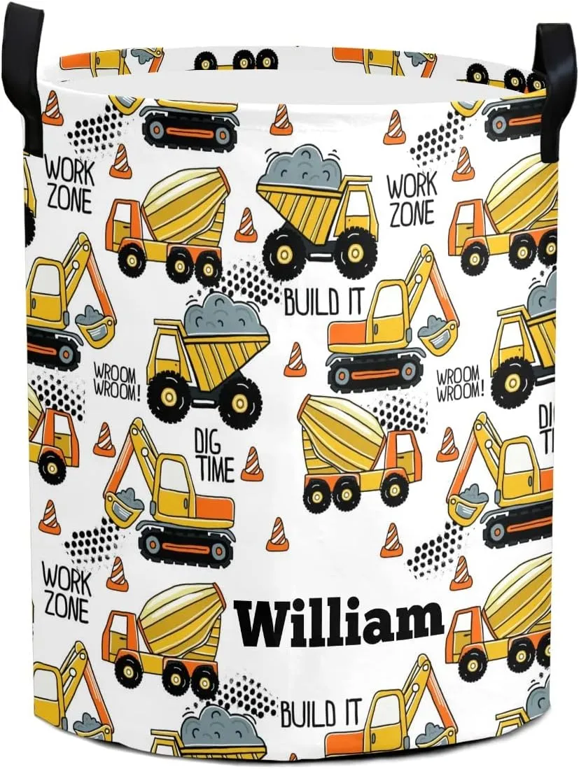 Construction Machines Personalized Waterproof Foldable Laundry Basket Bag with Handle, Custom Collapsible Clothes Hamper Storage Bin for Toys Laundry Dorm Travel Bathroom