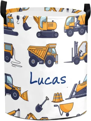 Construction Truck Machinery Personalized Waterproof Foldable Laundry Basket Bag with Handle, Custom Collapsible Clothes Hamper Storage Bin for Toys Laundry Dorm Travel Bathroom