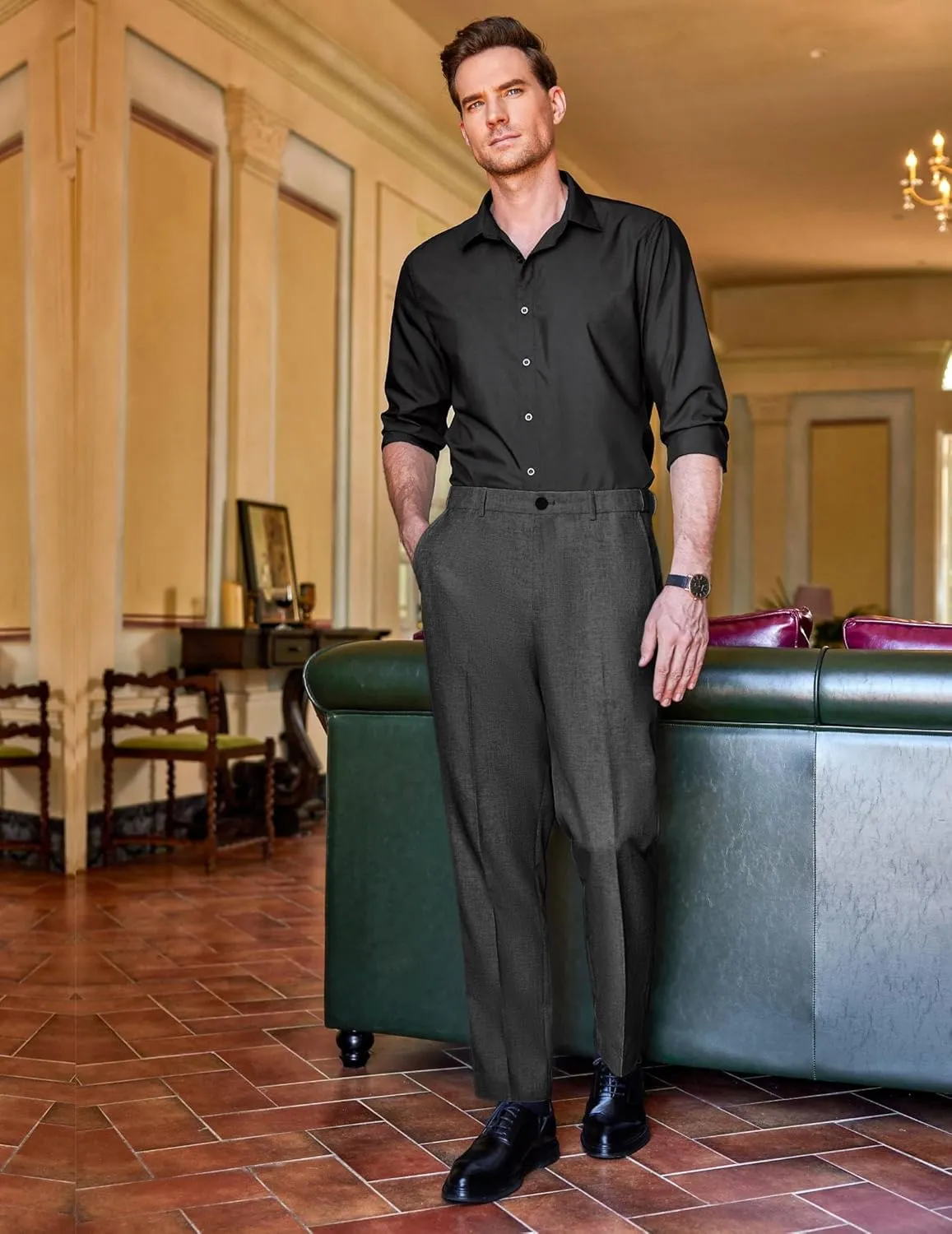 COOFANDY Men Classic Fit Dress Pant Casual Flat Front Pant Expandable Waist Suit Pant