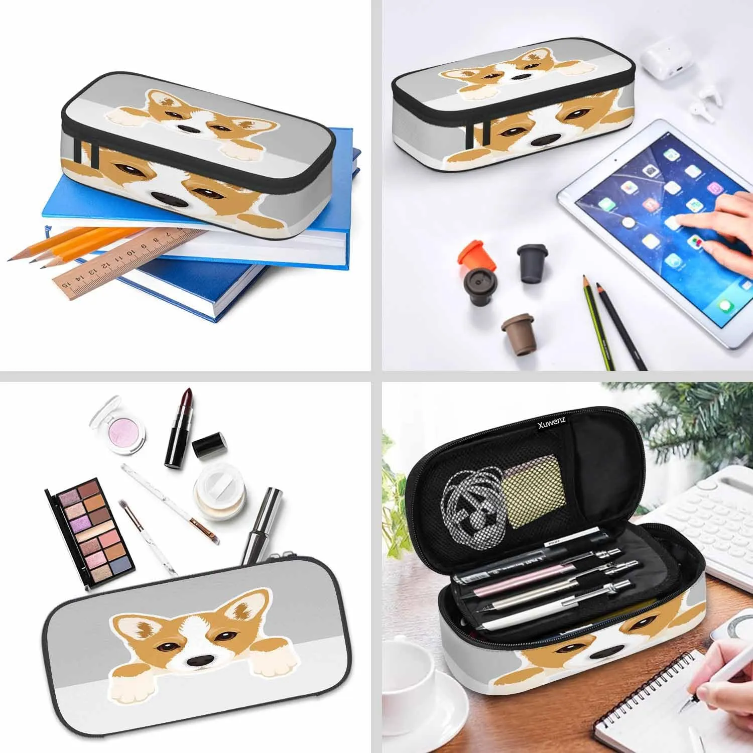 Corgi Dog Pencil Bag Cute Puppy Animal Pet Head Gray White Big Capacity Pencil Case Pencil Pouch Pen Bag School Students Boy Girl