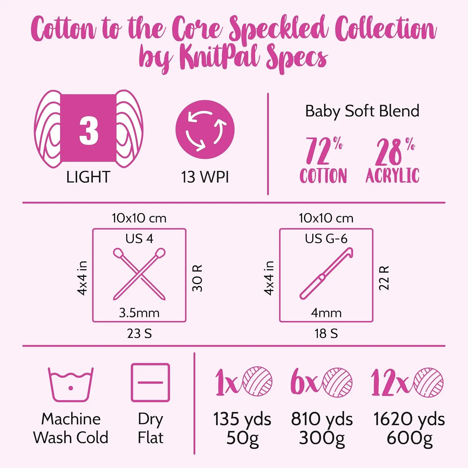 Cotton to The Core Speckled Soft Baby Yarn for Crocheting, 6 Skeins, 810Yds/300G, Free Patterns - Size 3 DK Light Worsted Weight Cotton Yarn for Knitting - Cotton Candy