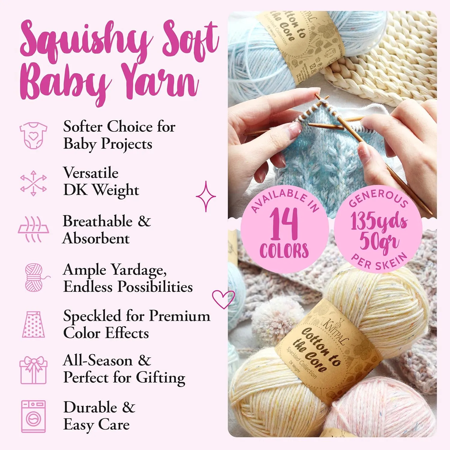 Cotton to The Core Speckled Soft Baby Yarn for Crocheting, 6 Skeins, 810Yds/300G, Free Patterns - Size 3 DK Light Worsted Weight Cotton Yarn for Knitting - Cotton Candy