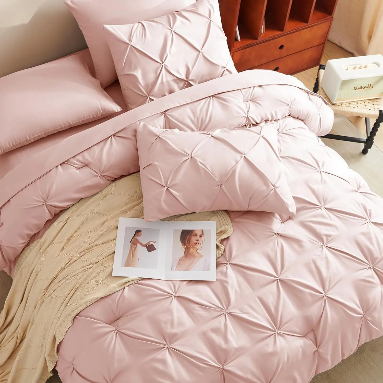 CozyLux Pink Comforter Set Queen, 7 Pieces Bed in a Bag Blush Pink, Teen Girl Pintuck Comforters Pinch Pleat Bedding Sets with All Season Comforter, Flat Sheet, Fitted Sheet and Pillowcases & Shams