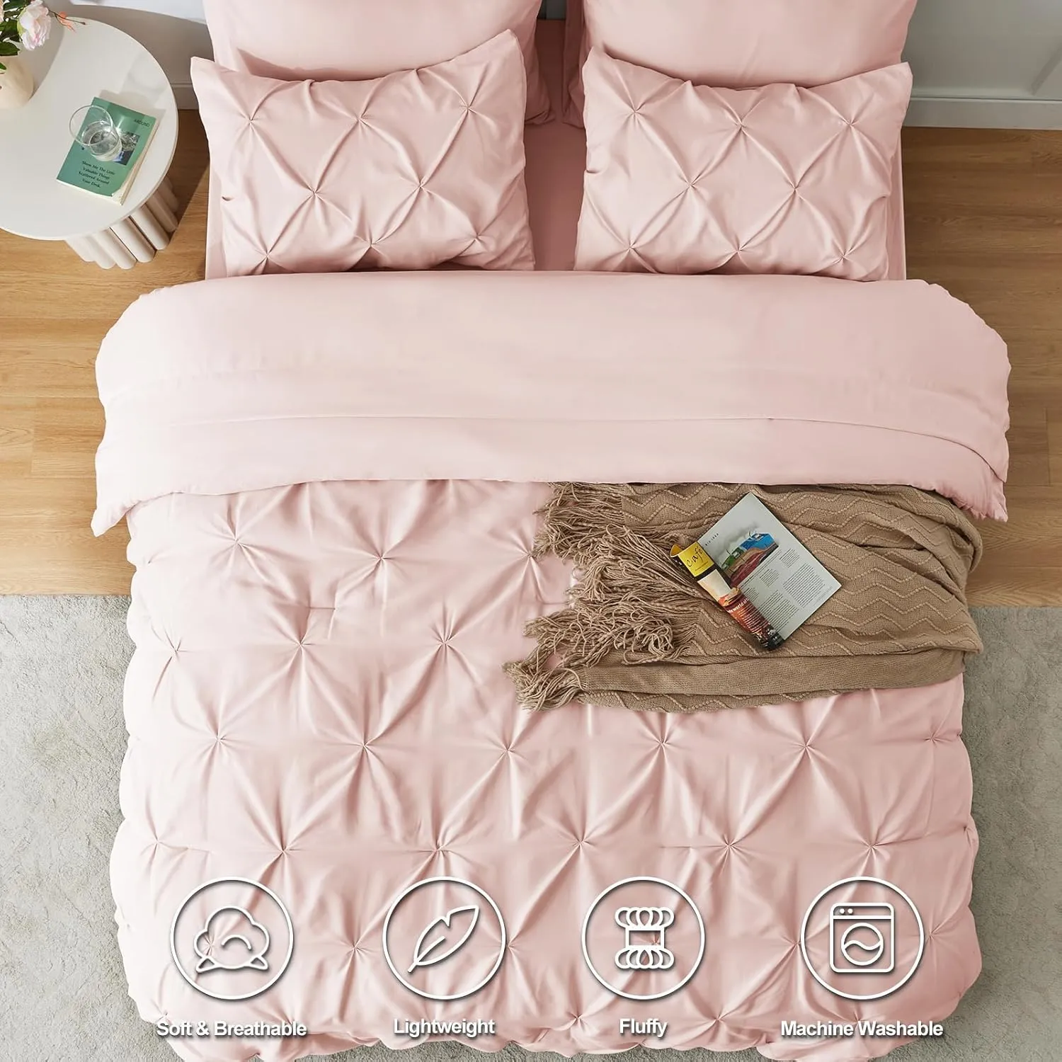 CozyLux Pink Comforter Set Queen, 7 Pieces Bed in a Bag Blush Pink, Teen Girl Pintuck Comforters Pinch Pleat Bedding Sets with All Season Comforter, Flat Sheet, Fitted Sheet and Pillowcases & Shams