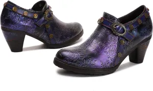 CrazycatZ Leather Pumps,Womens Colorful Vintage Block Heel Floral Oxford Shoes