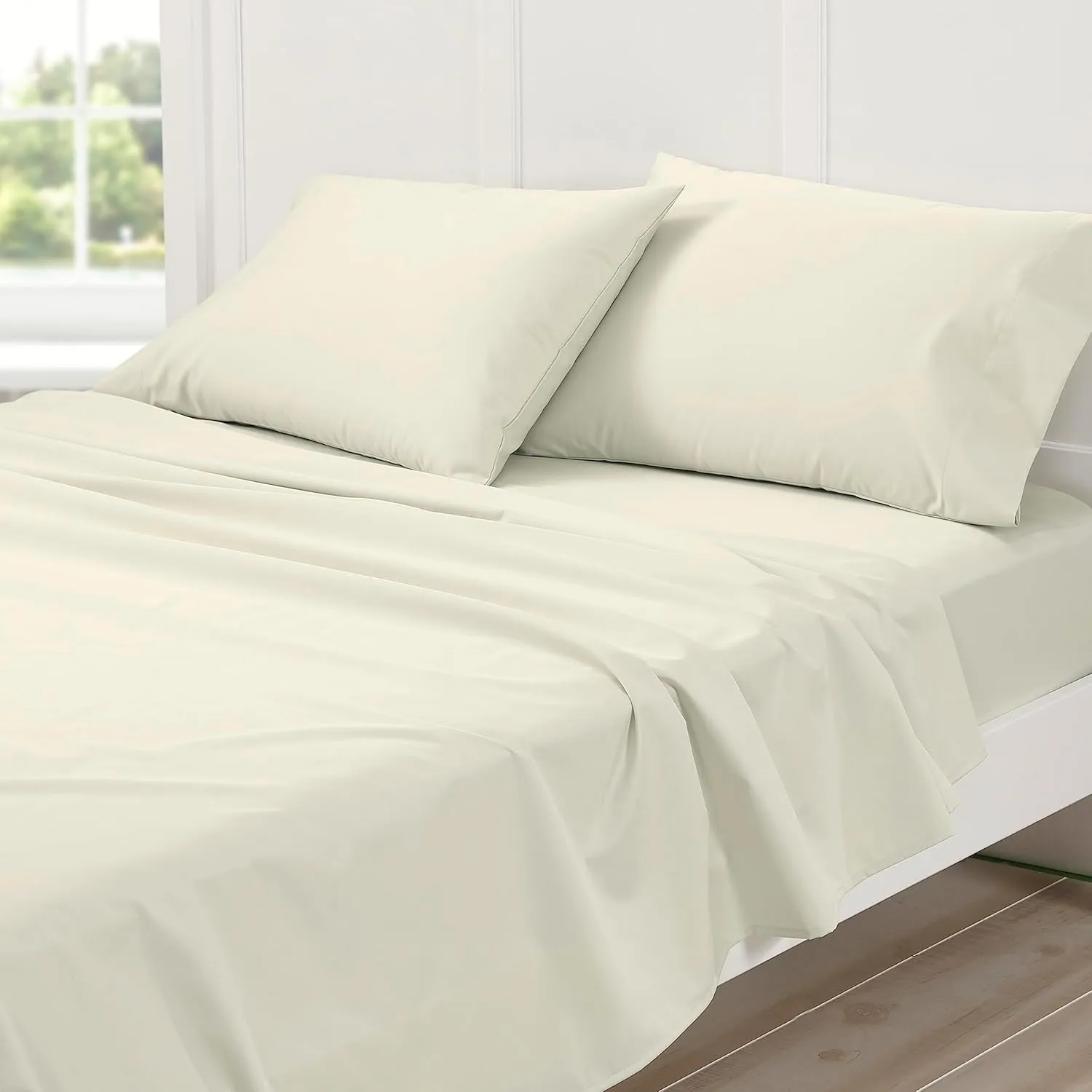 Cuddledown Dreamstead 100% Cotton Bed Sheets Set | 300 Thread Count | Luxurious Sateen Weave | Pure Combed Cotton | Soft | Wrinkle Resistant | 4 Piece Set | Birch | King | 78” x 80”