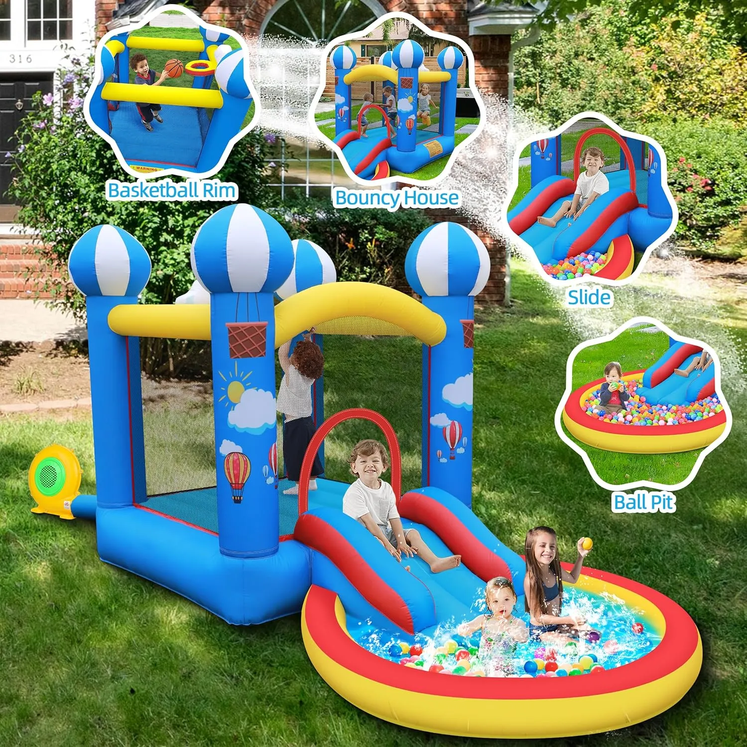 Culaluva Inflatable Bounce House: 4 in 1 Bouncy Castle with Ball Pit & Slide for Kids Age 3-6 with 370 Watt Blower and Storage Bag for Indoor Outdoor Play Oxford Cloth