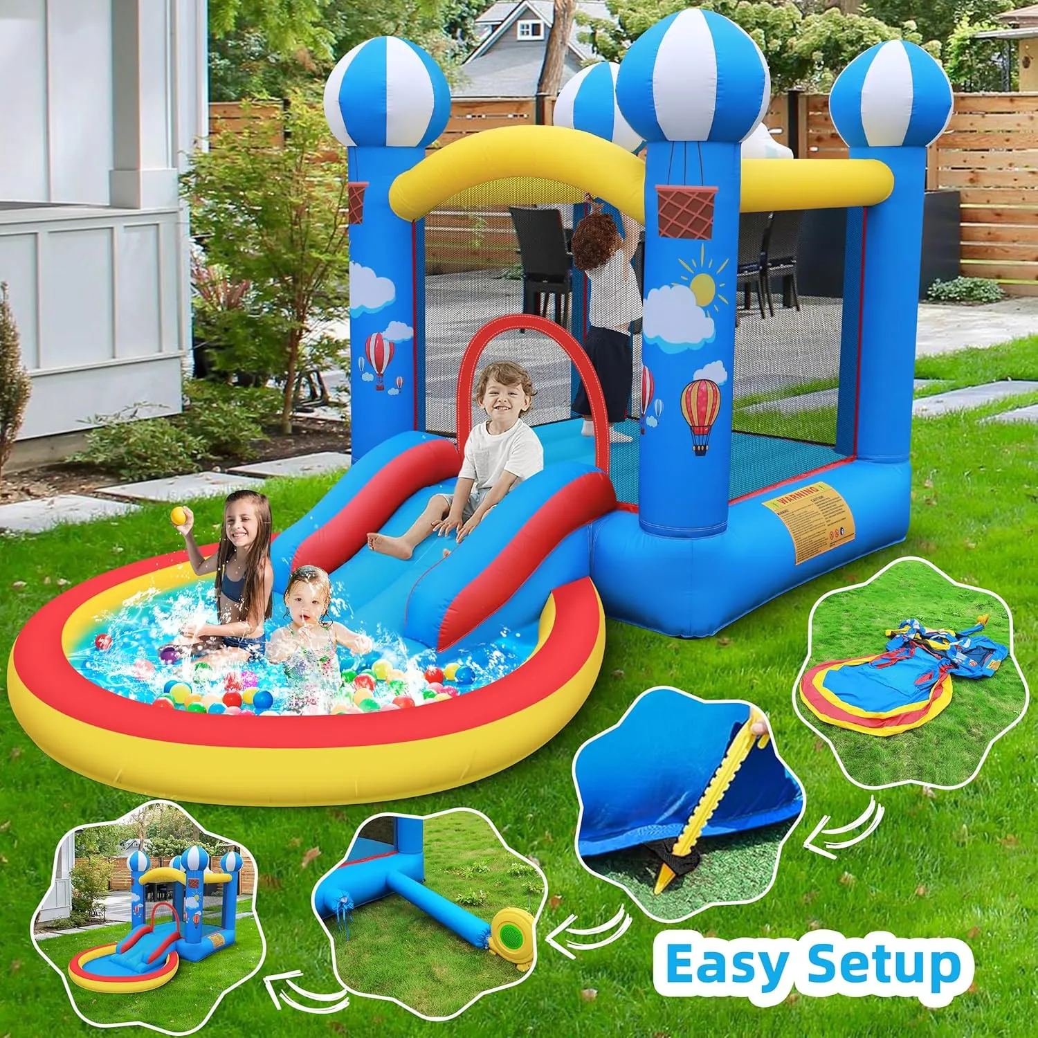 Culaluva Inflatable Bounce House: 4 in 1 Bouncy Castle with Ball Pit & Slide for Kids Age 3-6 with 370 Watt Blower and Storage Bag for Indoor Outdoor Play Oxford Cloth