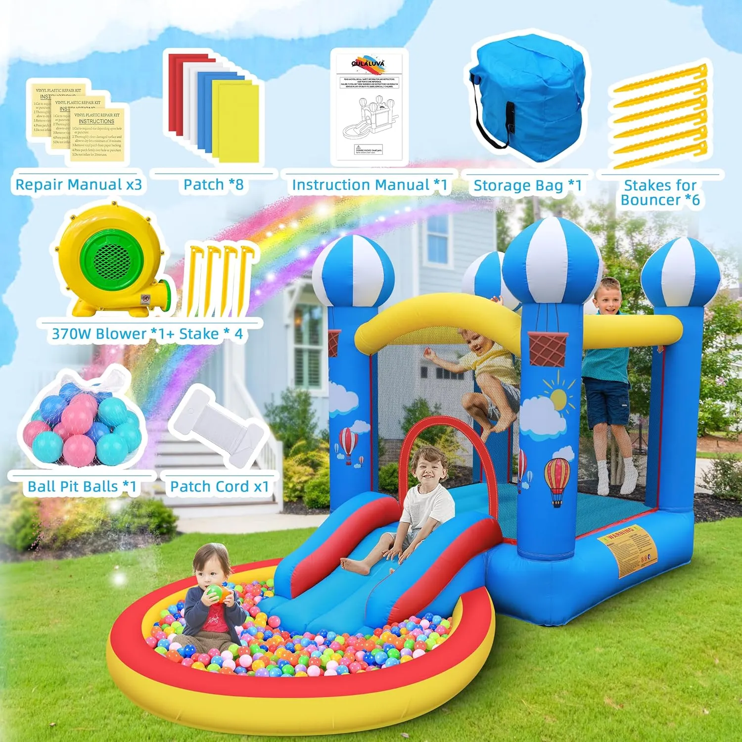 Culaluva Inflatable Bounce House: 4 in 1 Bouncy Castle with Ball Pit & Slide for Kids Age 3-6 with 370 Watt Blower and Storage Bag for Indoor Outdoor Play Oxford Cloth