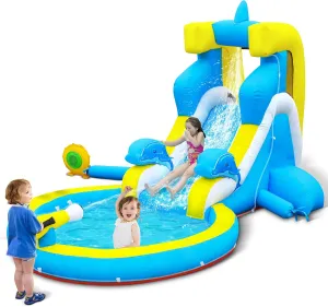 Culaluva Inflatable Water Slide: 4 in 1 Blow up Bounce House Dolphin Style for Kids 3-12 - Splash Pool Climbing Wall Cannon 370W Blower - Outdoor Backyard Birthday Party
