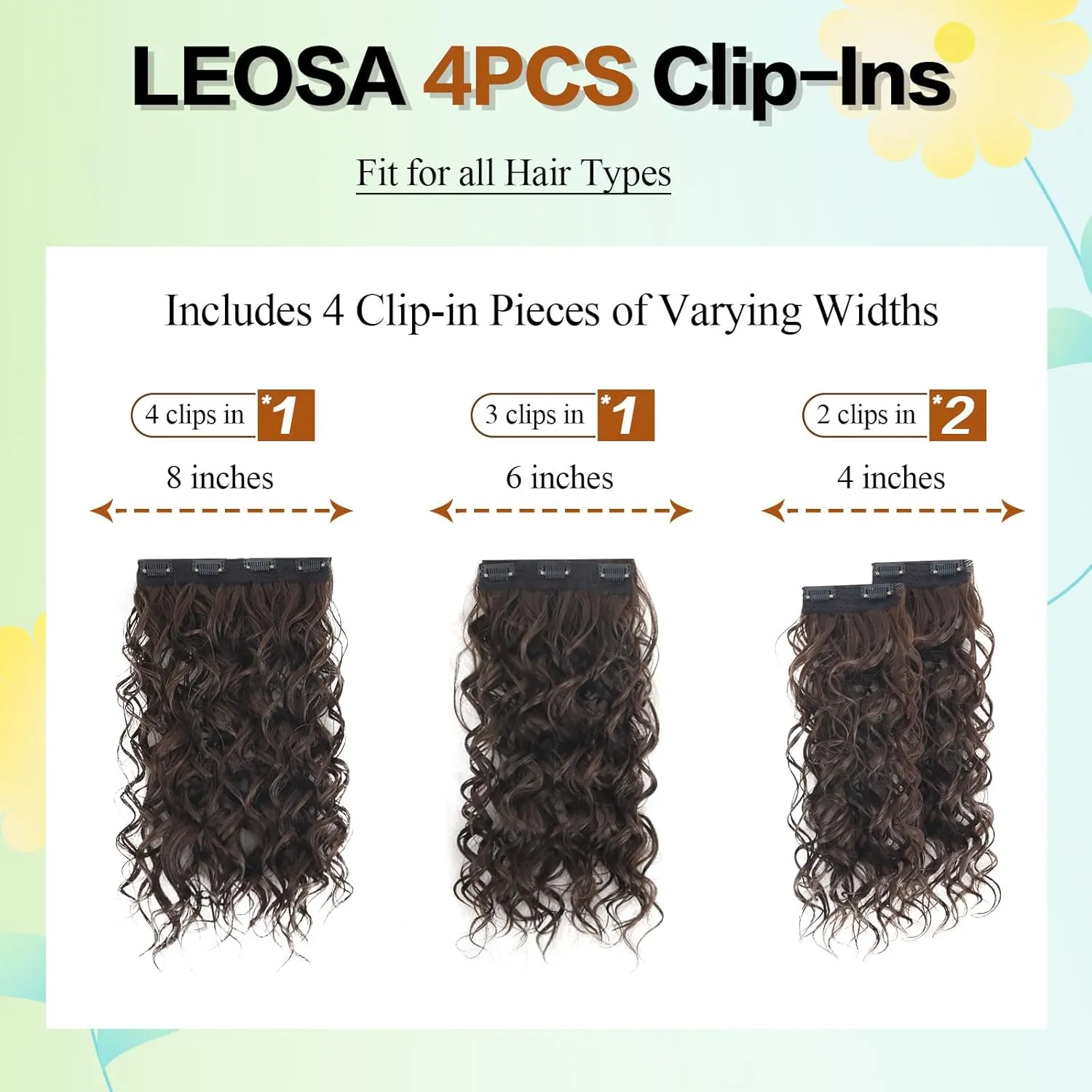 Curly Hair Extensions,LEOSA 4PCS 16 inch Clip in Hair Extensions Short Soft Natural Hairpiece Lace Weft Curly Wave Clip Ins Extensions Invisible for Women,Dark Chocolate Brown