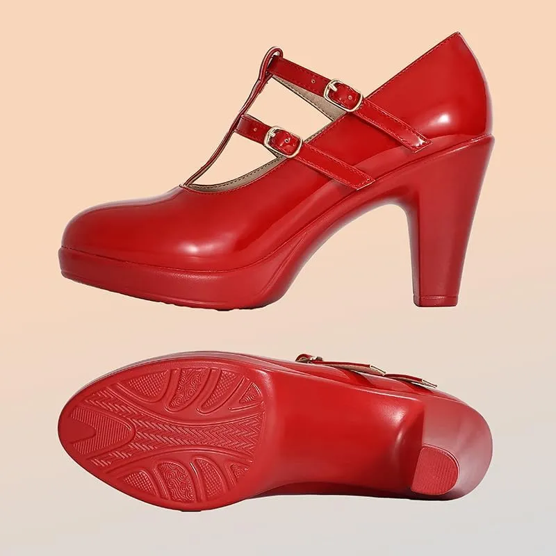 CYBLING Women's Mary Jane High Heels Shoes Ladies Pointed Closed Toe Ankle Strap Dress Pumps