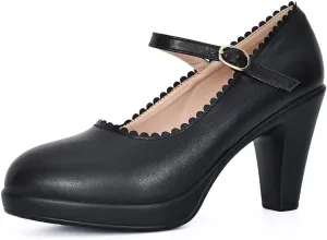 CYBLING Women's Mary Jane High Heels Shoes Ladies Pointed Closed Toe Ankle Strap Dress Pumps