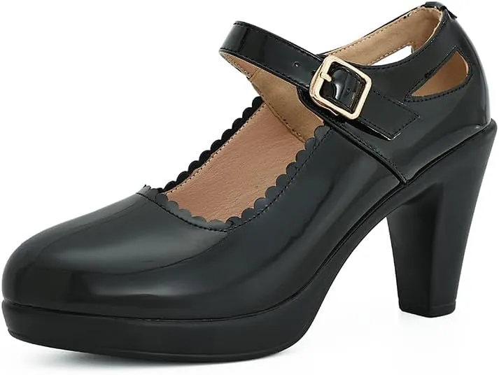 CYBLING Women's Mary Jane High Heels Shoes Ladies Pointed Closed Toe Ankle Strap Dress Pumps