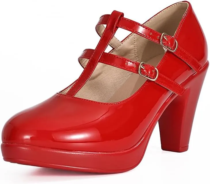 CYBLING Women's Mary Jane High Heels Shoes Ladies Pointed Closed Toe Ankle Strap Dress Pumps