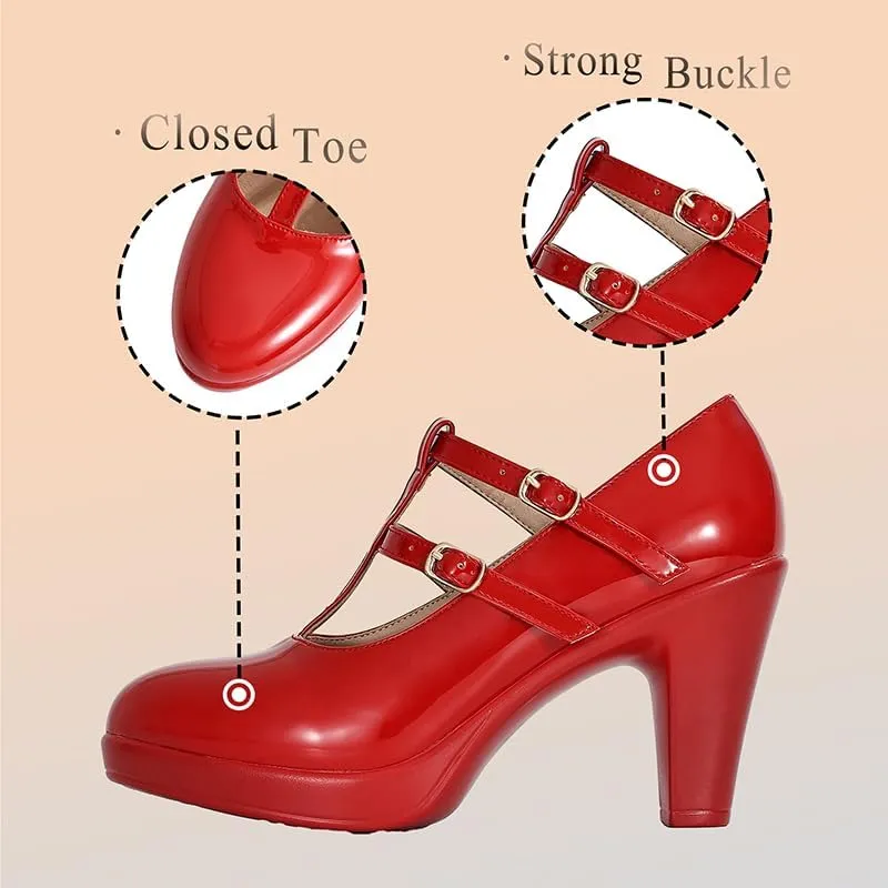 CYBLING Women's Mary Jane High Heels Shoes Ladies Pointed Closed Toe Ankle Strap Dress Pumps