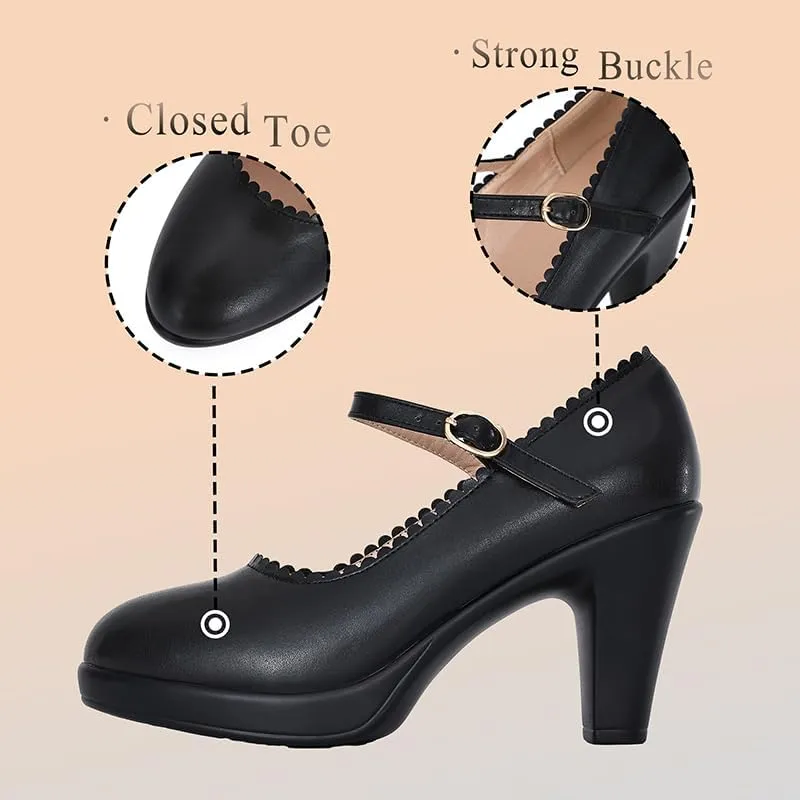 CYBLING Women's Mary Jane High Heels Shoes Ladies Pointed Closed Toe Ankle Strap Dress Pumps